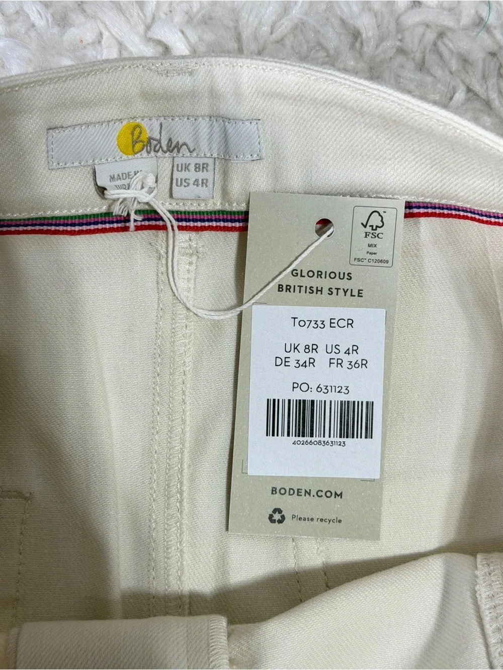 NWT Boden Women's denim Glorious British Style Mini Skirt Beige White size 4